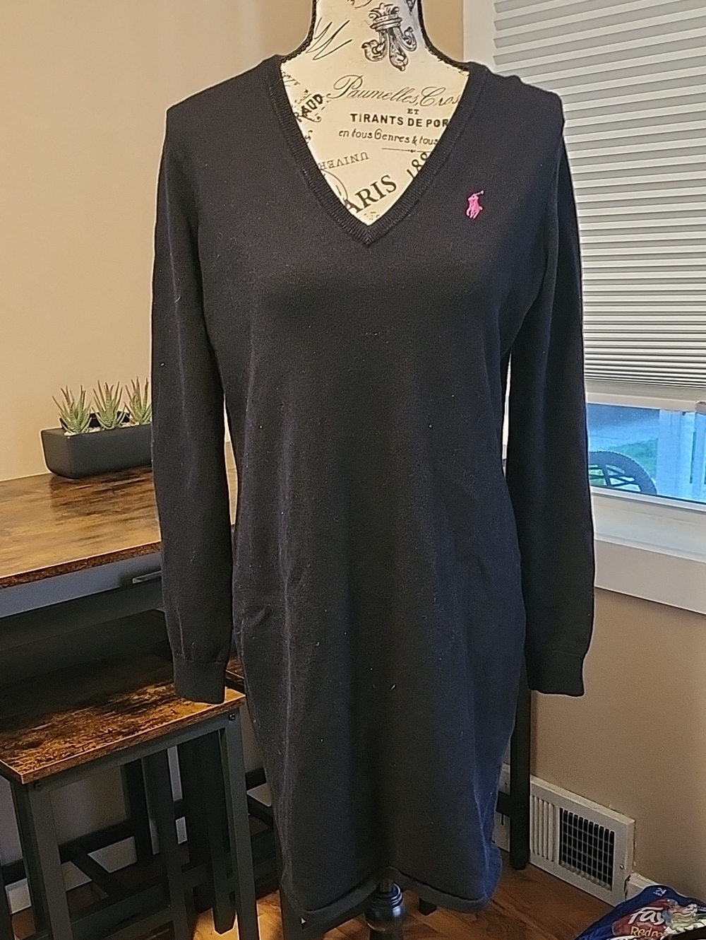 Ralph Lauren Navy V-Neck Sweater Dress with Pink Pony